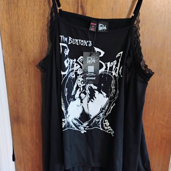 ROMWE Tops - Corpse Bride | ROMWE Letter & Figure Graphic Lace Cold Shoulder Tee - Size Small